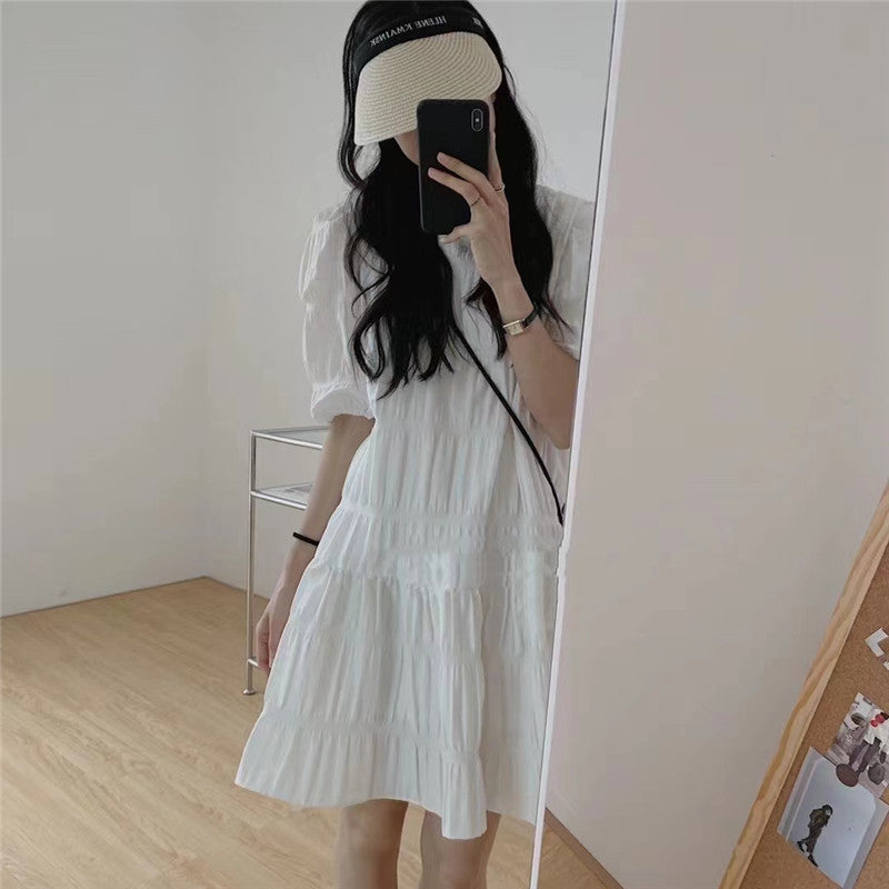 swvws  Summer  New Design Sense Niche Pleated Puff Sleeve  Dress Women's Summer Small Slim Skirt