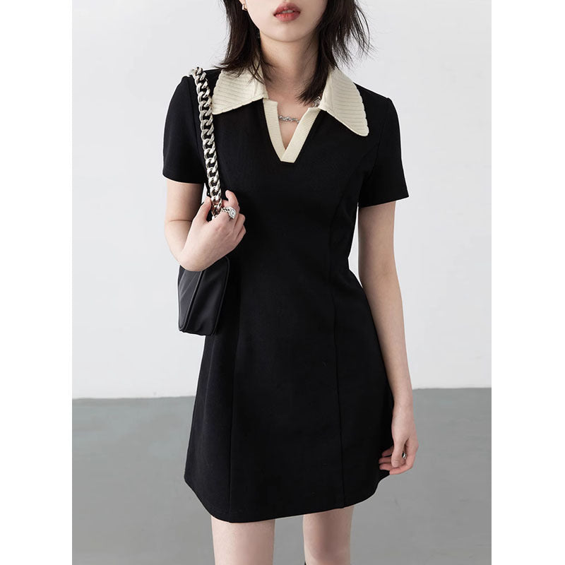 swvws  Romantic Outing Spring Korean Style Contrast Color Polo Collar Short Sleeve Dress Slim Fit Cinched Short Dress  New