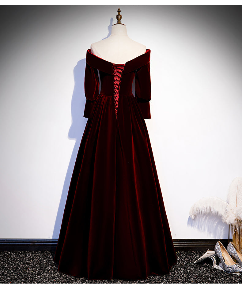 Tmallworld Chic Off Shoulder Long Sleeves Velvet Party Dress,  Wine Red Prom Dress Evening Dress