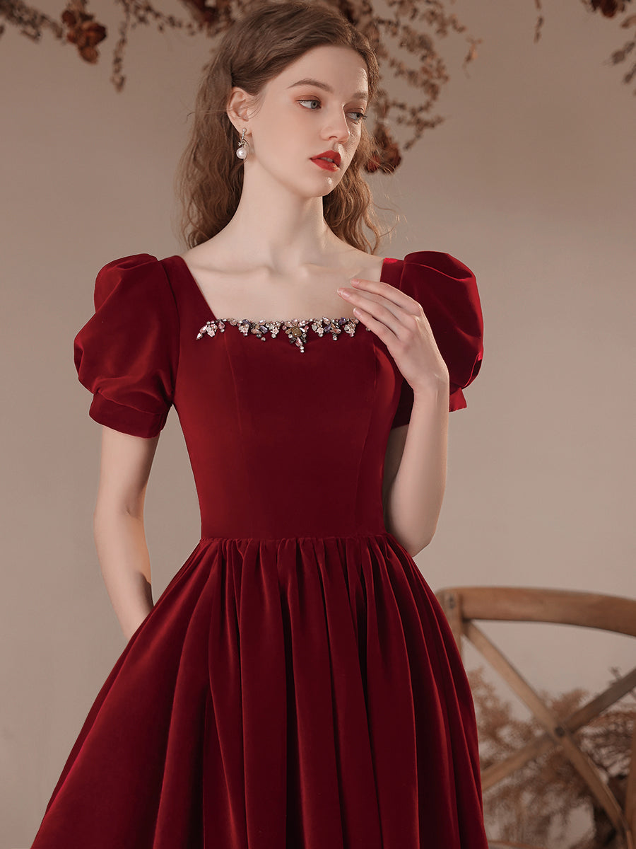 Tmallworld Wine Red Short Sleeves Velvet Long Party Dress, A-line Wine Red Formal Dress