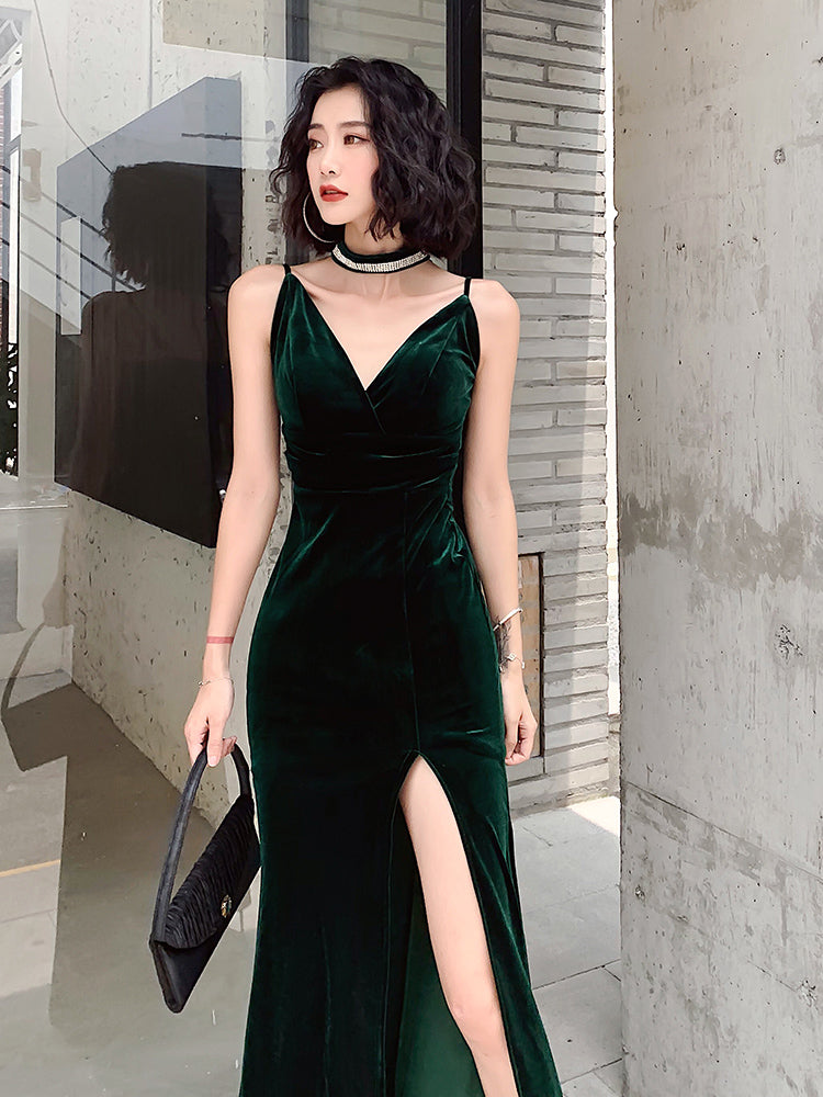 Tmallworld Dark Green Velvet Long Straps Floor Length Party Dress, Green Prom Dress Formal Dress