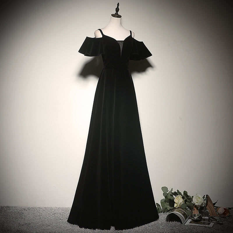 Tmallworld Black Off Shoulder Velvet Long A-line Prom Dress, Black Floor Length Party Dress Evening Dress