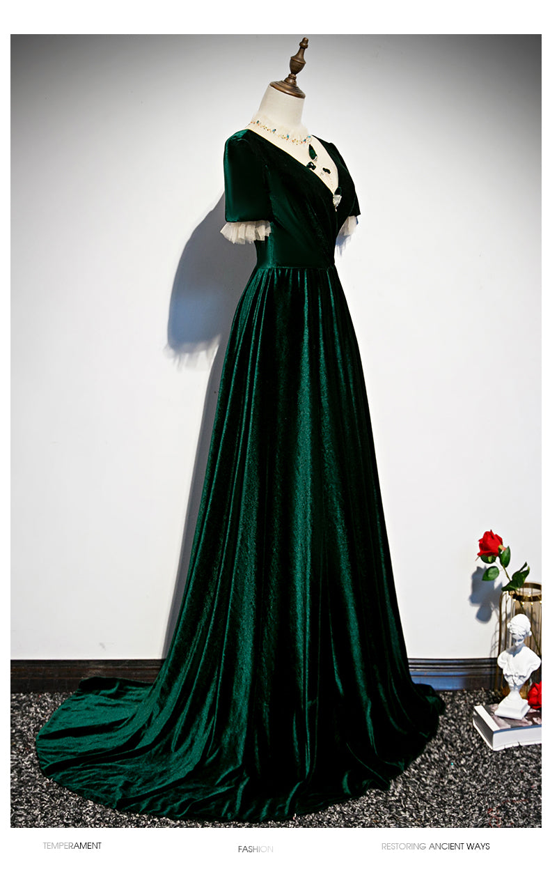 Tmallworld Dark Green Velvet Short Sleeves A-line Bridesmaid Dress, Long Prom Dress Evening Dress