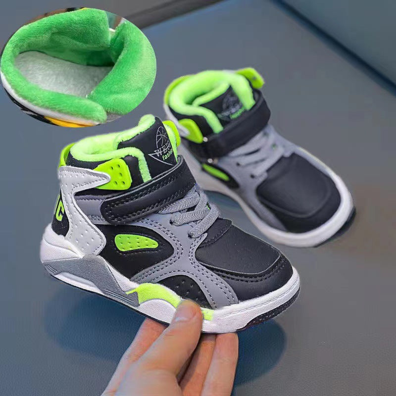 swvws  Children's Basketball Shoes  Autumn and Winter New Boy High-Top Fleece-Lined Sneakers Children Board Shoes Big Children Ermian Shoes