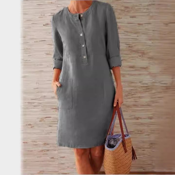 SWVWS Cross-Border Spring New   Popular plus Size Women's Cotton and Linen round-Neck Long-Sleeved Dress