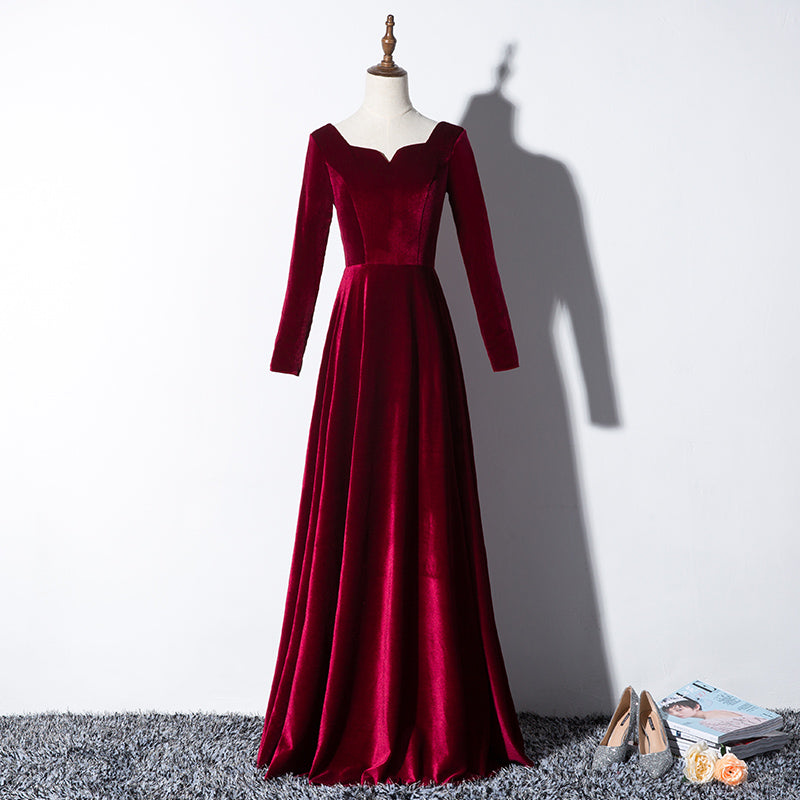 Tmallworld Beautiful Wine Red Velvet Long Sleeves Party Dress, Long Prom Dress