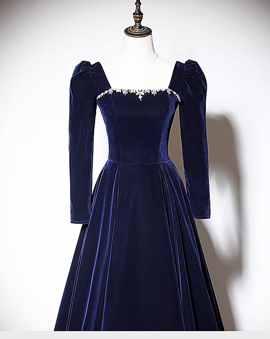 Tmallworld Navy Blue Velvet Long Sleeves Beaded Formal Dress, Blue A-line Prom Dress