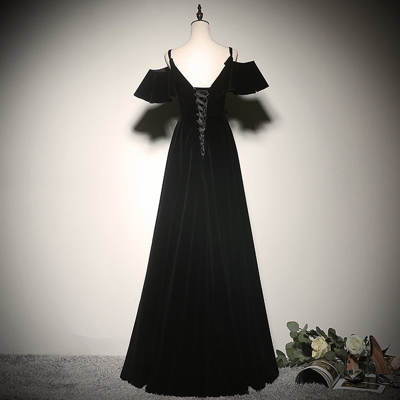 Tmallworld Black Off Shoulder Velvet Long A-line Prom Dress, Black Floor Length Party Dress Evening Dress