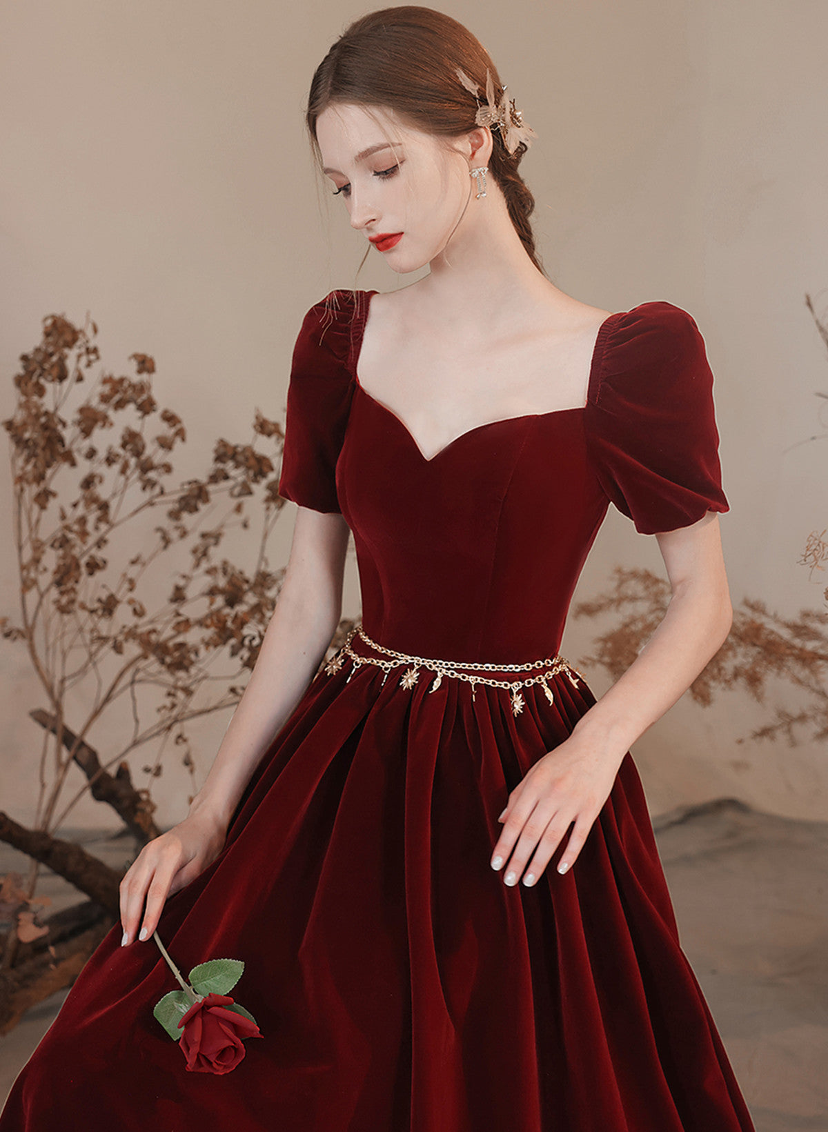 Tmallworld Wine Red Velvet Long A-line Party Dress, Wine Red Evening Dress Prom Dress