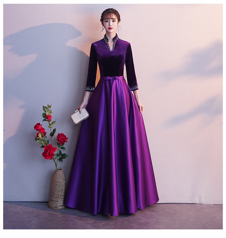 Tmallworld Dark Purple Satin Long Sleeves Beaded Velvet Bridesmaid Dress, Purple Formal Dress