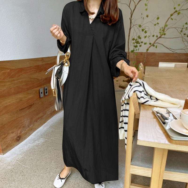 SWVWS New Solid Color Polo Collar Cotton and Linen Long Sleeve Simple Temperament Commute Loose Casual Long plus Size Dress