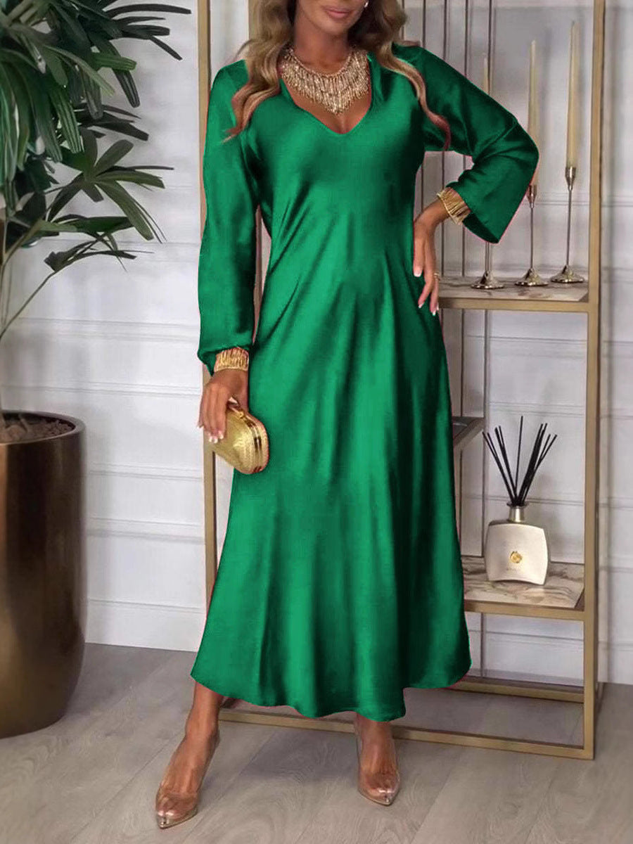 SWVWS New 2025 cross-border independent station new v-neck long-sleeved autumn solid color sexy dress long dress