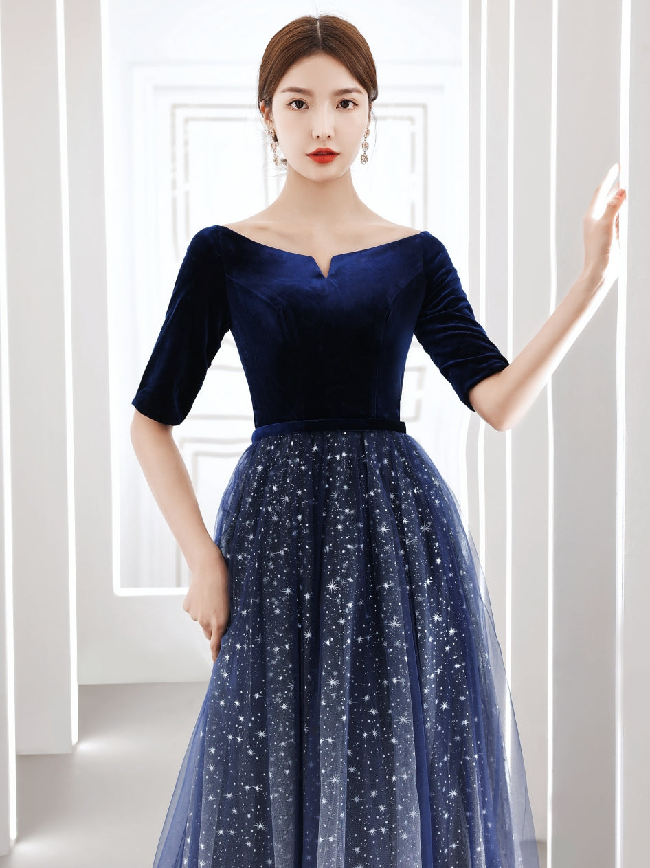 Tmallworld Simple Long Velvet and Tulle Short Sleeves Prom Dress Evening Dress, Blue Bridesmaid Dress