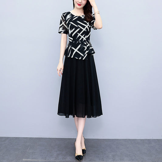 SWVWS Summer New Adult Lady like Woman Style Patchwork Stripes Fake Two Pieces Dress Women's plus Size Waist Trimming Slim Looking Belly Covering Midi Dress Women