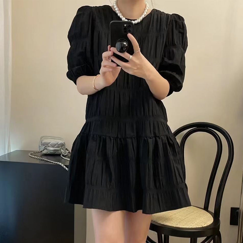 swvws  Summer  New Design Sense Niche Pleated Puff Sleeve  Dress Women's Summer Small Slim Skirt