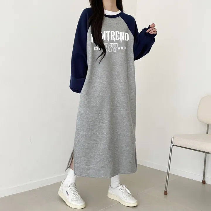 SWVWS 2025 Korean version Korean autumn and winter new 2025n retro loose letter printing thin dress splicing skirt casual medium length