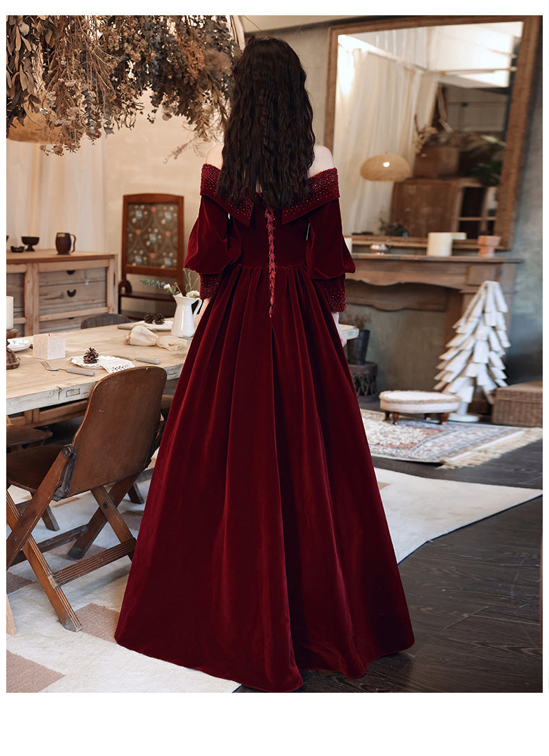 Tmallworld Wine Red Velvet Long Sleeves Beaded Party Dress, Sweetheart Long Prom Dress