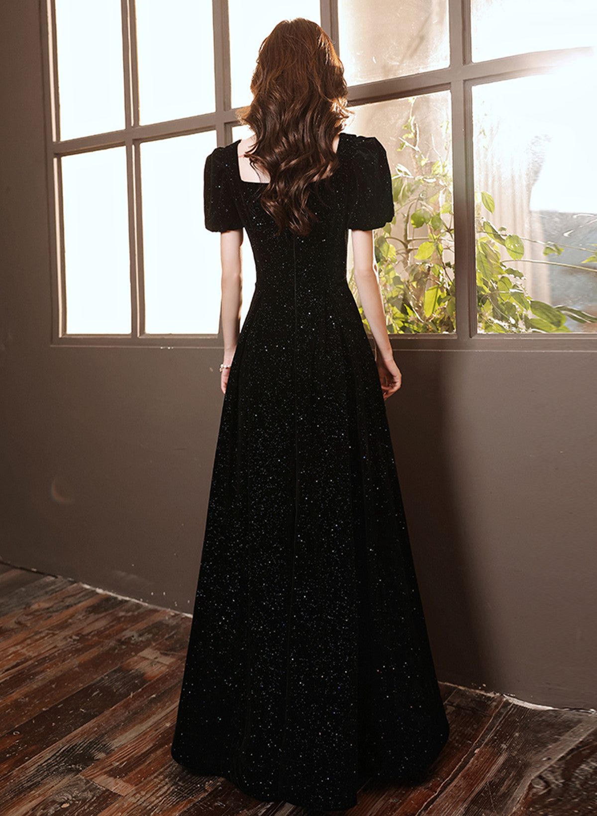 Tmallworld Black A-line Velvet Long Formal Dress, Black Sweetheart Long Prom Dress