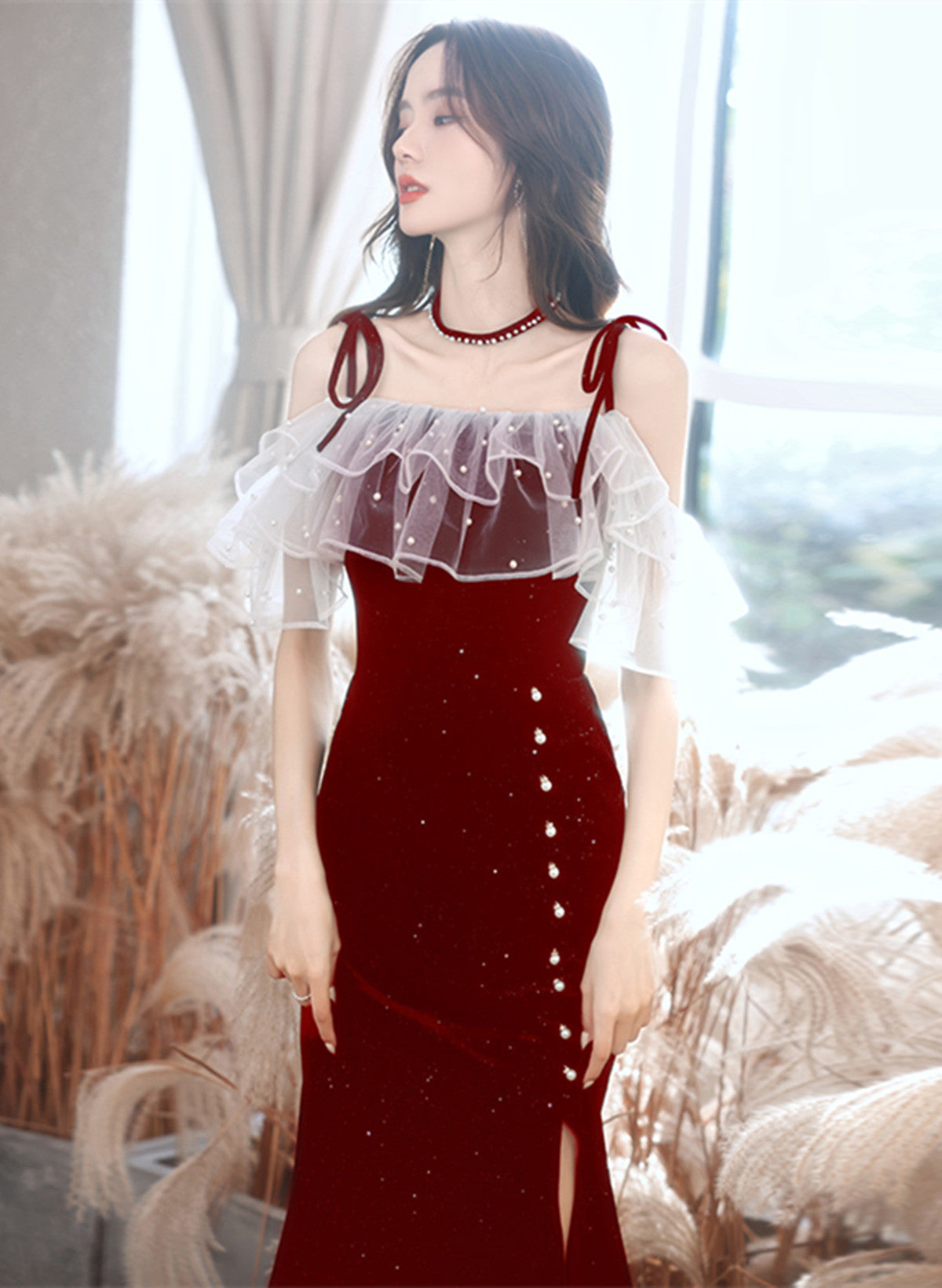 Tmallworld Wine Red Velvet Strapes Long Party Dress with Leg Slit, Wine Red Prom Dress