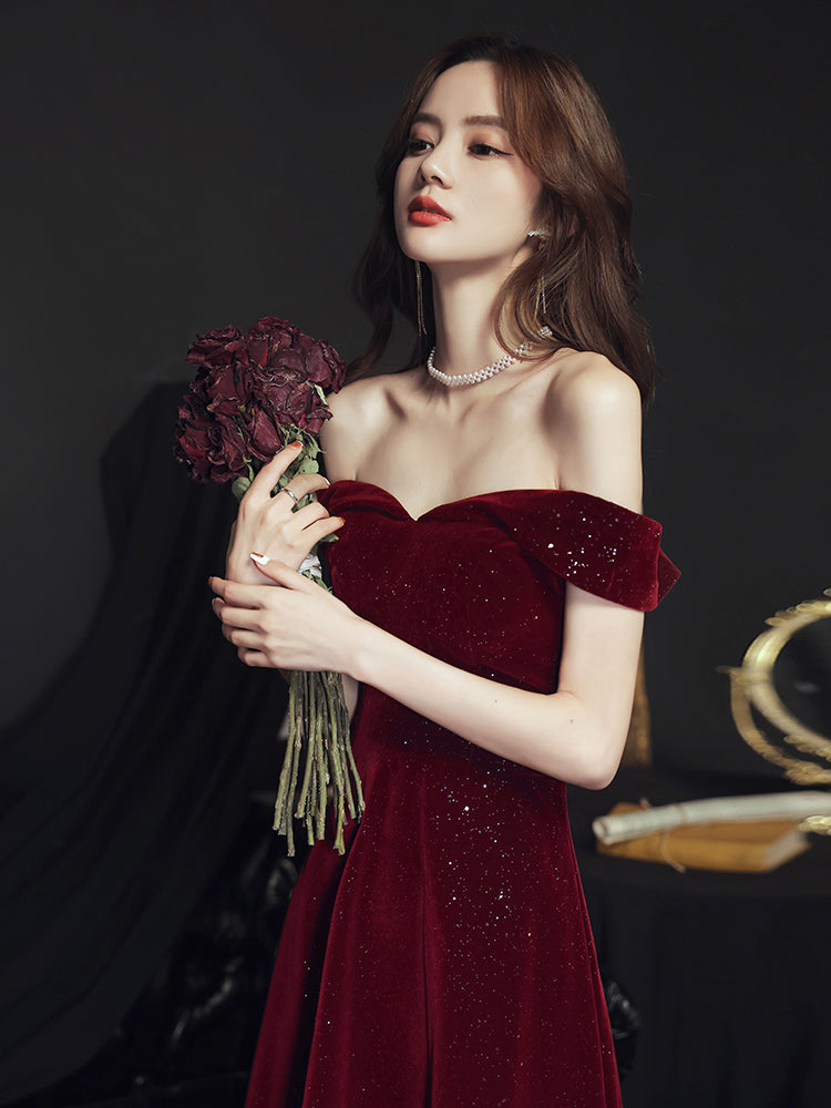 Tmallworld Wine Red Simple Velvet Off Shoulder Prom Dress, Wine Red Wedding Party Dress