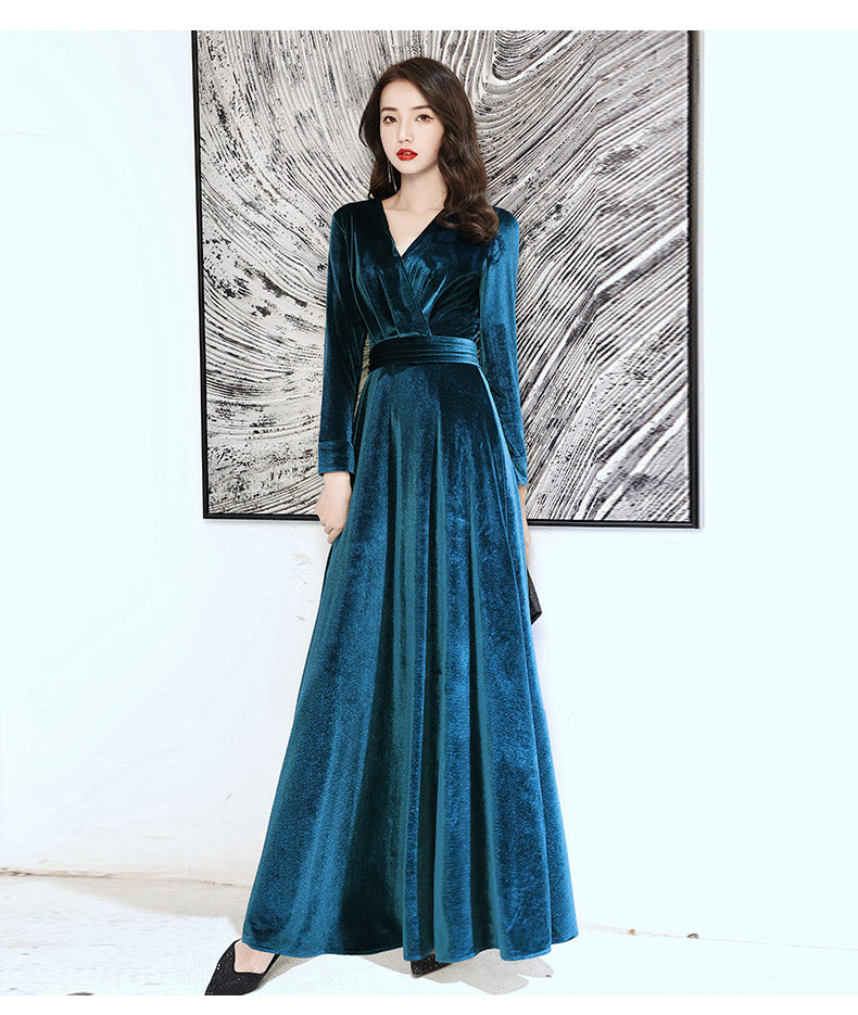 Tmallworld Elegant Velvet Long Sleeves V-neckline Prom Dress. Velvet Bridesmaid Dress Party Dress