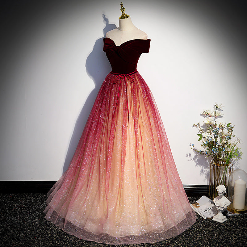 Tmallworld Beautiful Red Gradient Off Shoulder Velvet Long Party Dress Formal Dress, Tulle Junior Prom Dresses