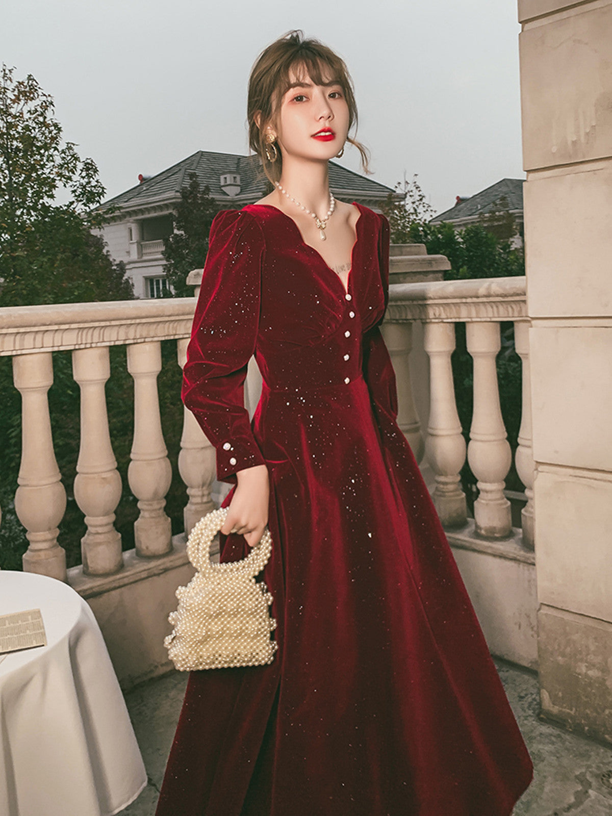 Tmallworld Wine Red Velvet Tea Length Long Sleeves Party Dress, Wine Red Homecoming Dress