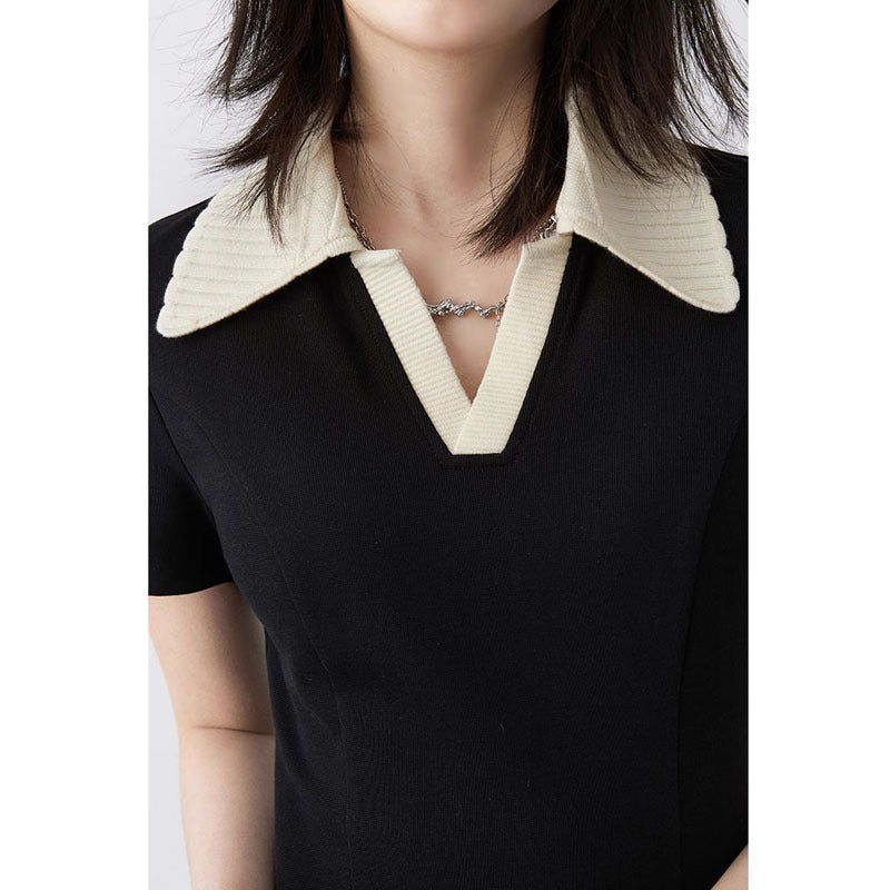 swvws  Romantic Outing Spring Korean Style Contrast Color Polo Collar Short Sleeve Dress Slim Fit Cinched Short Dress  New