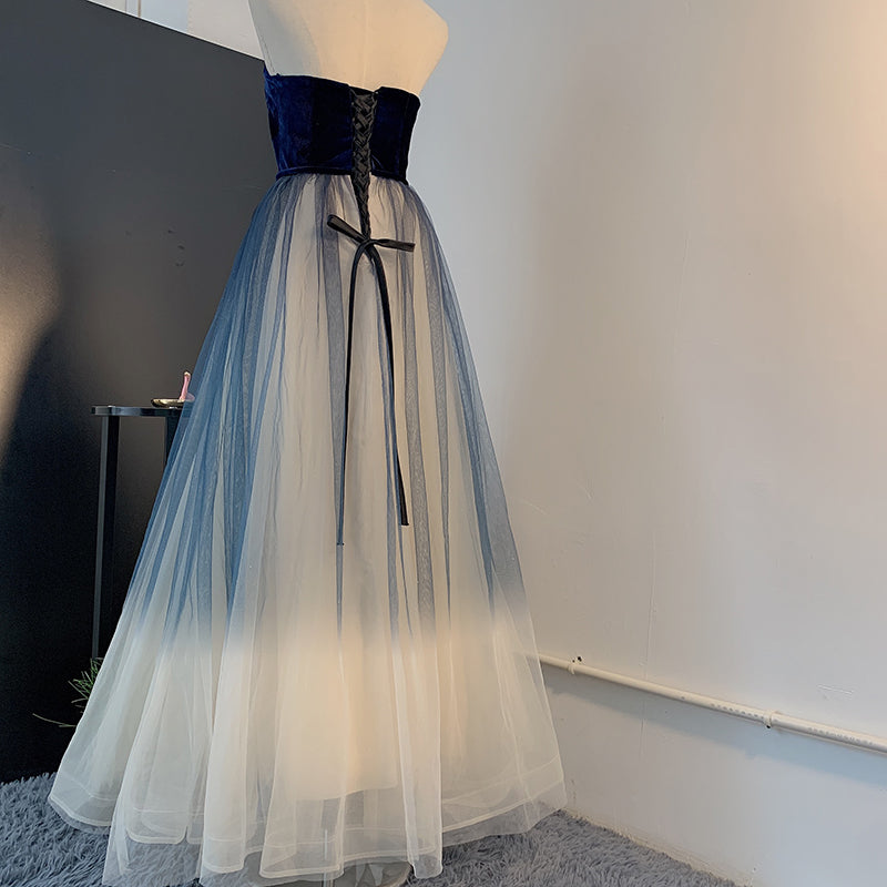 Tmallworld Unique Navy Blue Gradient Tulle with Velvet Top Prom Dress, Tulle Long Party Dress Formal Dress