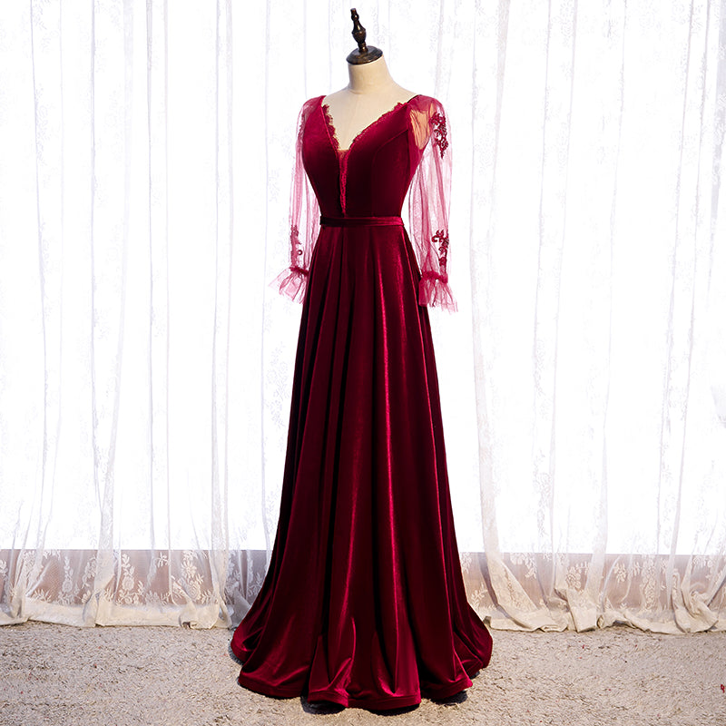 Tmallworld Wine Red Velvet Long Party Dress Prom Dress, A-line Long Sleeves Formal Dresses