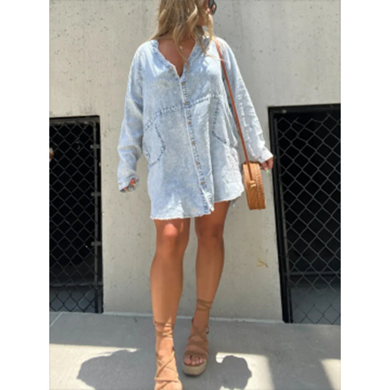 SWVWS New  Cross Border  Hot Denim Skirt V-neck Washed Loose Shirt Dress plus Size