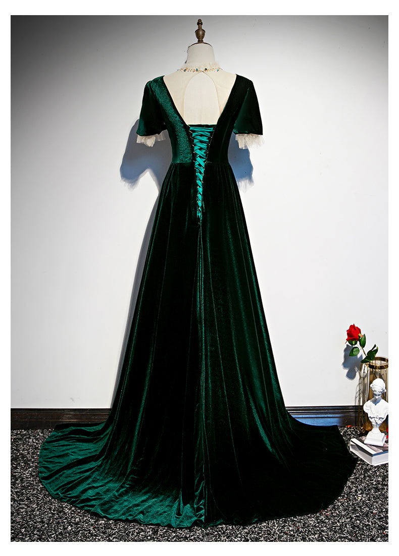 Tmallworld Dark Green Velvet Short Sleeves A-line Bridesmaid Dress, Long Prom Dress Evening Dress