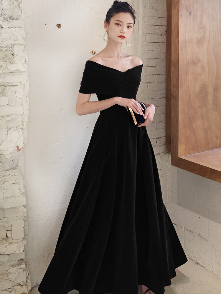 Tmallworld Black Velvet Elegant Lace-up Prom Dress, Black Off Shoulder Prom Dress