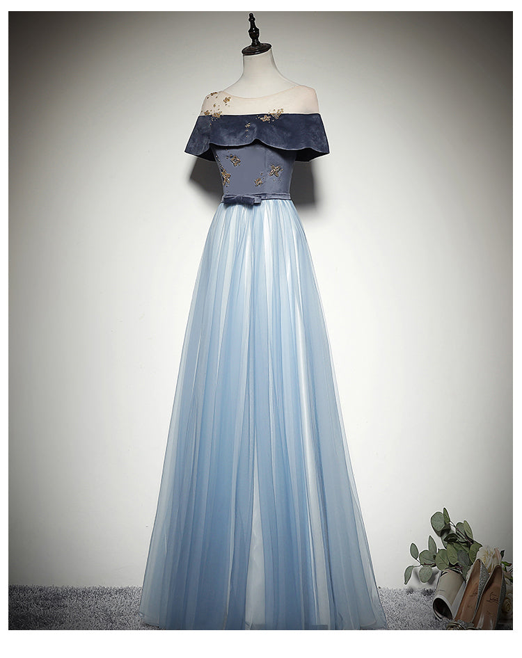 Tmallworld Beautiful Light Blue Tulle with Velvet Long Party Dress, Prom Dress