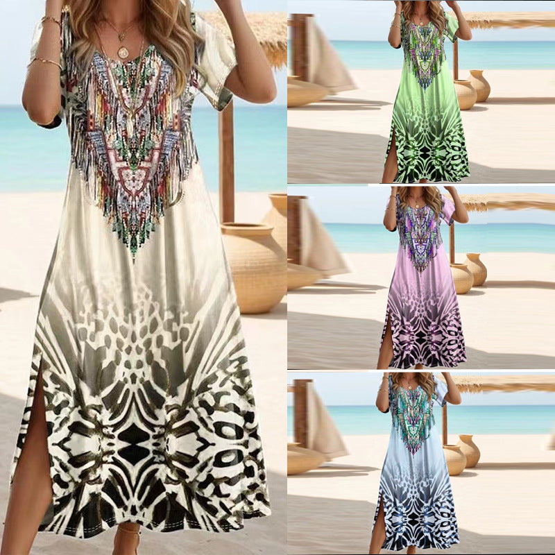 SWVWS New cross-border 2025 trade  independent station temu spring and summer printed short-sleeved sleeves round neck long dress women