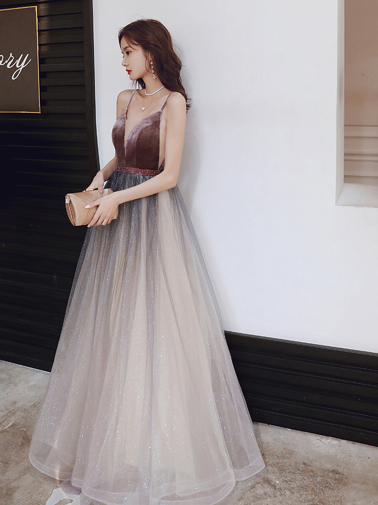 Tmallworld Beautiful Velvet and Gradient Tulle Straps Prom Dress, A-line Evening Party Dresses