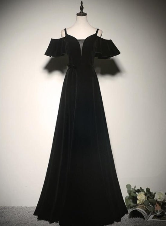 Tmallworld Black Off Shoulder Velvet Long A-line Prom Dress, Black Floor Length Party Dress Evening Dress