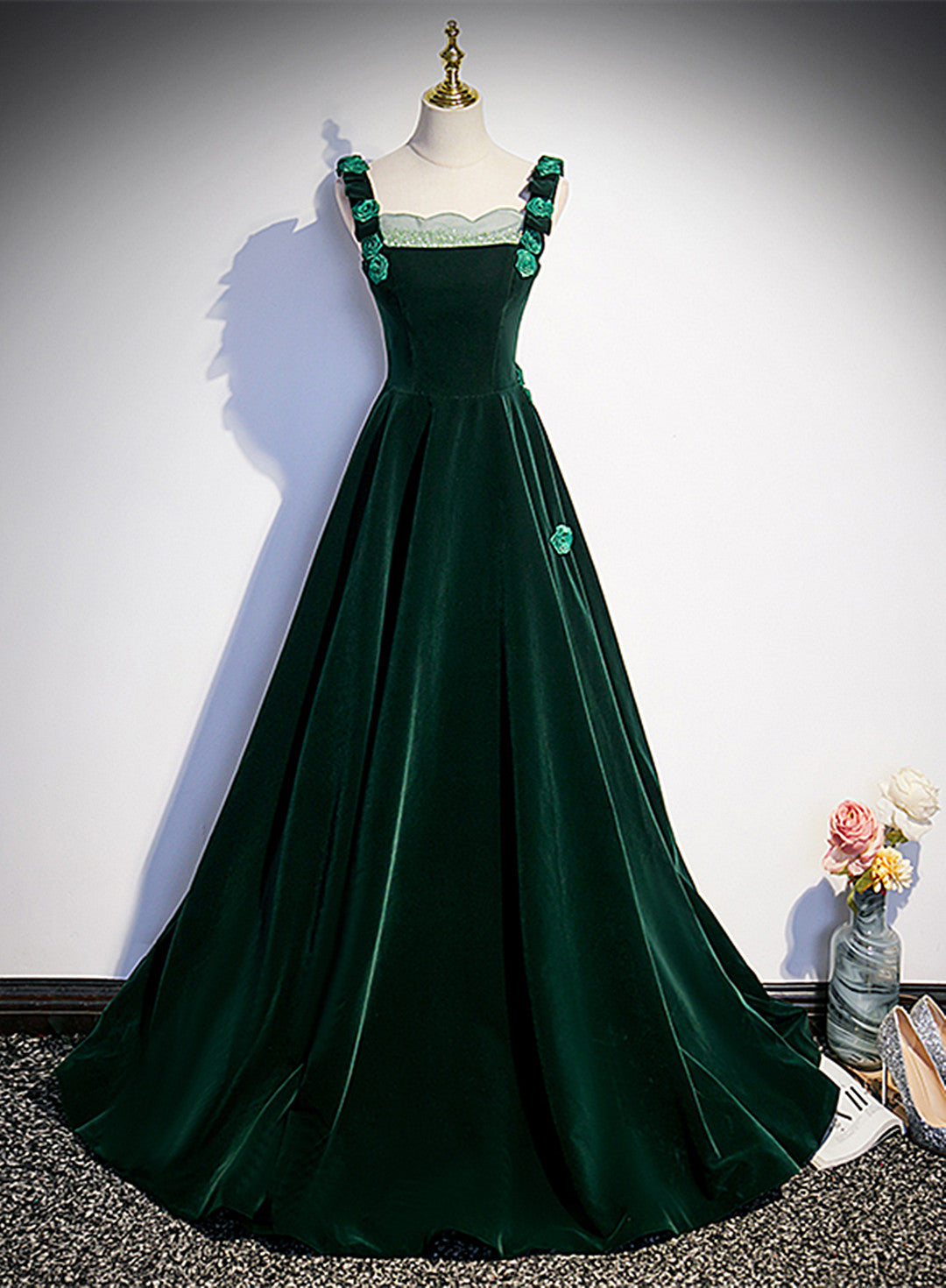 Tmallworld Dark Green Velvet Straps Long Formal Dress with Flowers, Green Evening Dress Prom Dress