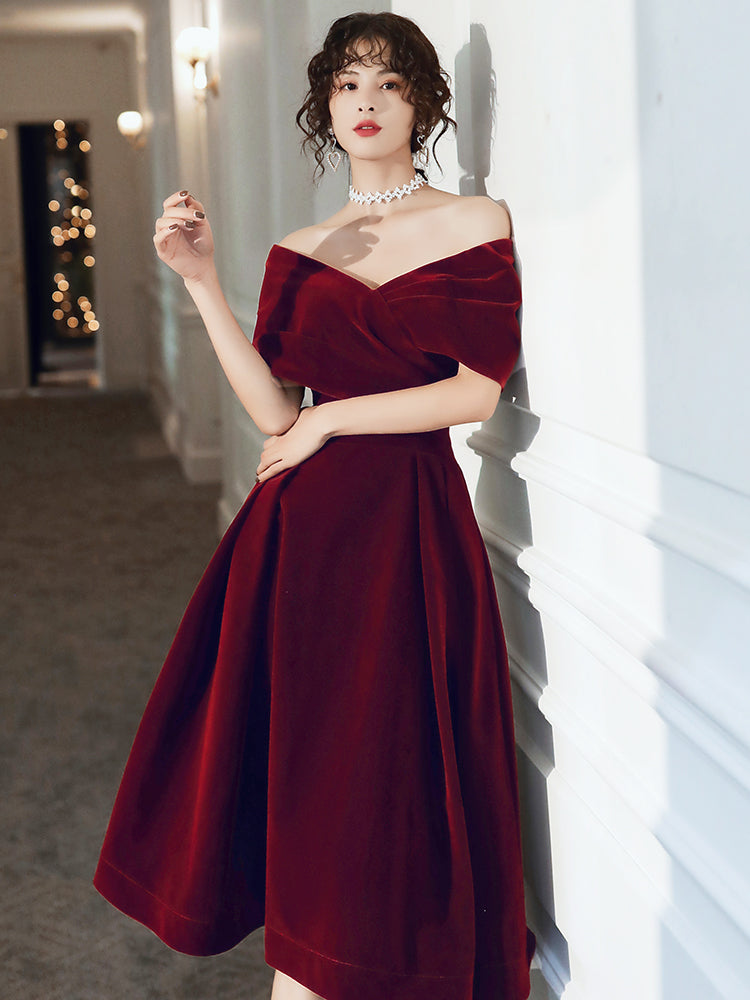 Tmallworld Beautiful Wine Red Velvet Tea Length Party Dress, Bridesmaid Dress