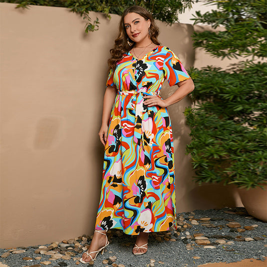 SWVWS Cross-Border  US Hot Selling Art Magic Color plus Size Dress Short Sleeve Chiffon Dress 100.00kg Wearable