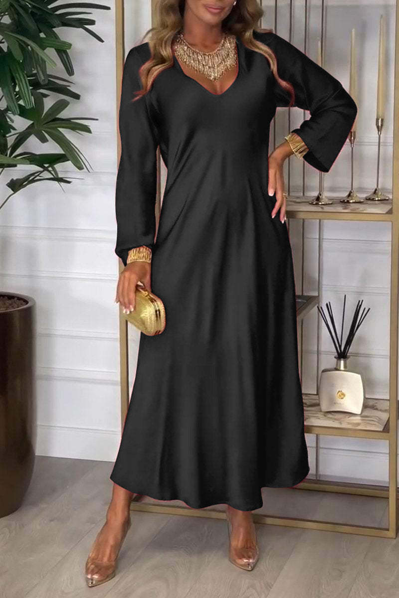 SWVWS New 2025 cross-border independent station new v-neck long-sleeved autumn solid color sexy dress long dress