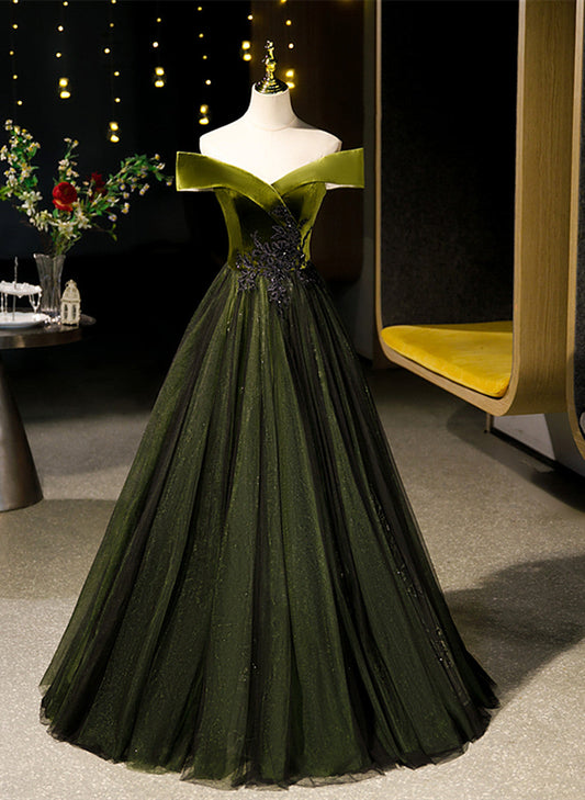 Tmallworld Green Velvet and Tulle Off Shoulder Party Dress, A-line Green Evening Dress Prom Dress