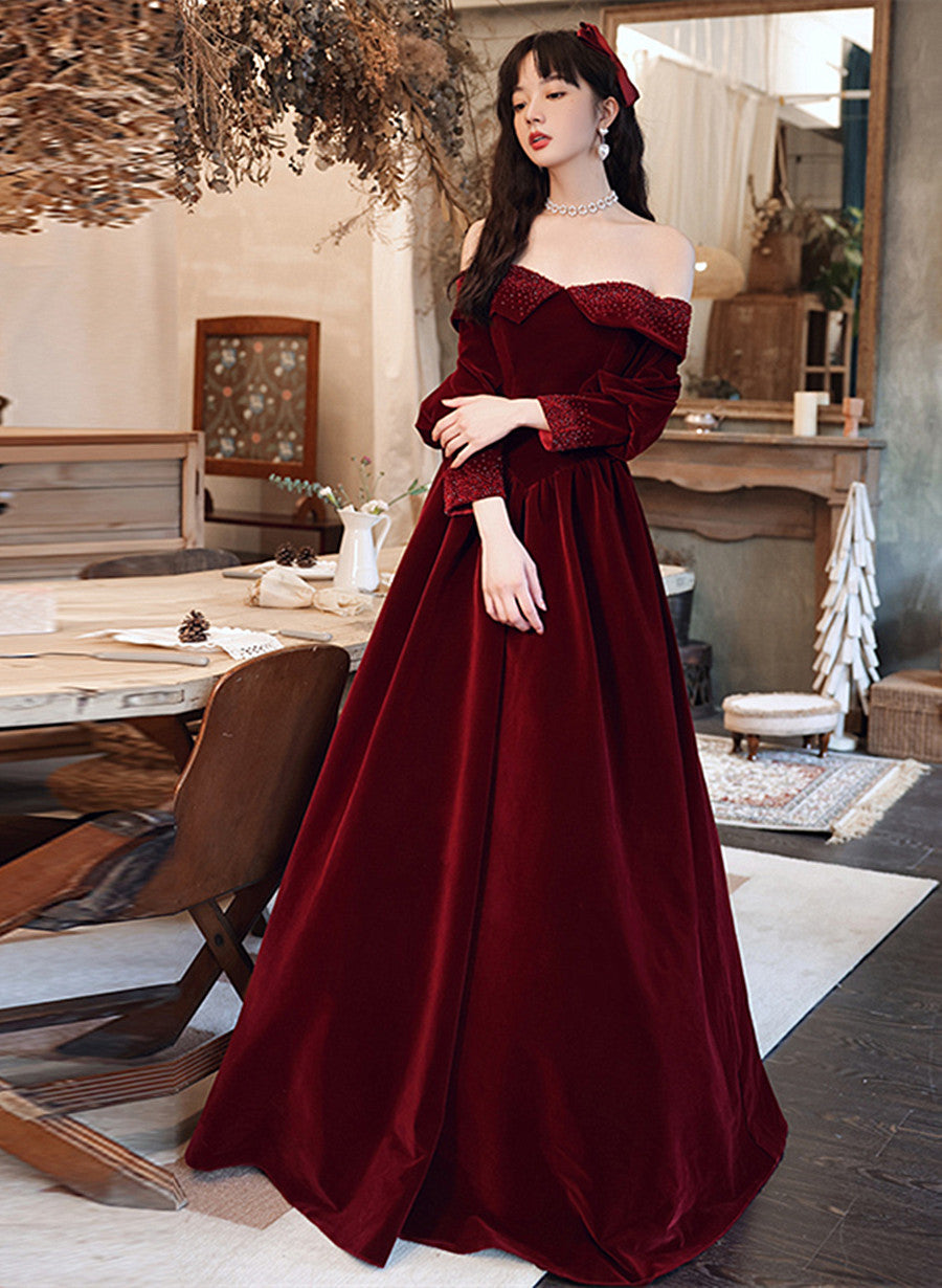 Tmallworld Wine Red Velvet Long Sleeves Beaded Party Dress, Sweetheart Long Prom Dress