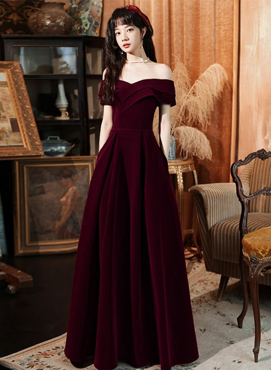 Tmallworld Dark Red Velvet Long Party Dress Prom Dress , A-line Formal Dresses Evening Dresses