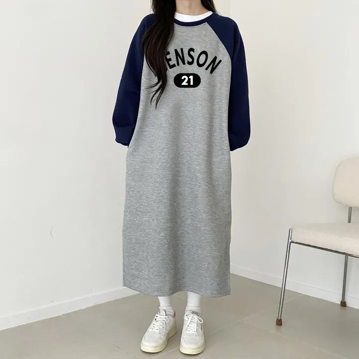 SWVWS 2025 Splicing medium and long T-shirt skirt fashionable versatile simple dress velvet cotton South Korea popular autumn and winter new women