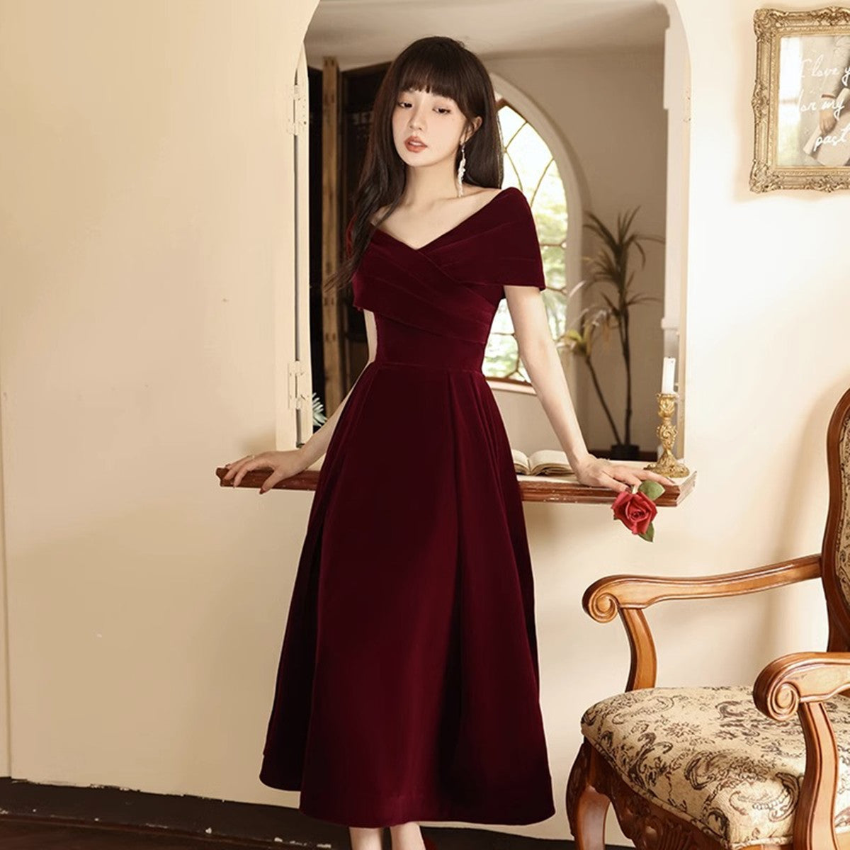 Tmallworld Wine Red Velvet Chic Tea Length, Wine Red Off Shoulder Wedding Party Dress