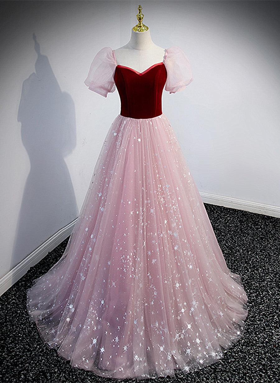 Tmallworld Pink Tulle with Wine Red Velvet Sweetheart Prom Dress, A-line Long Party Dress