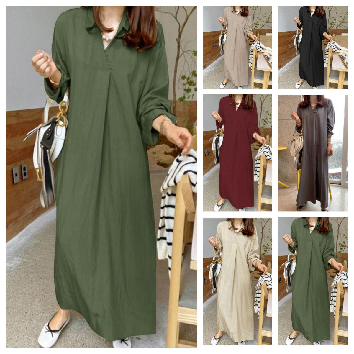 SWVWS New Solid Color Polo Collar Cotton and Linen Long Sleeve Simple Temperament Commute Loose Casual Long plus Size Dress