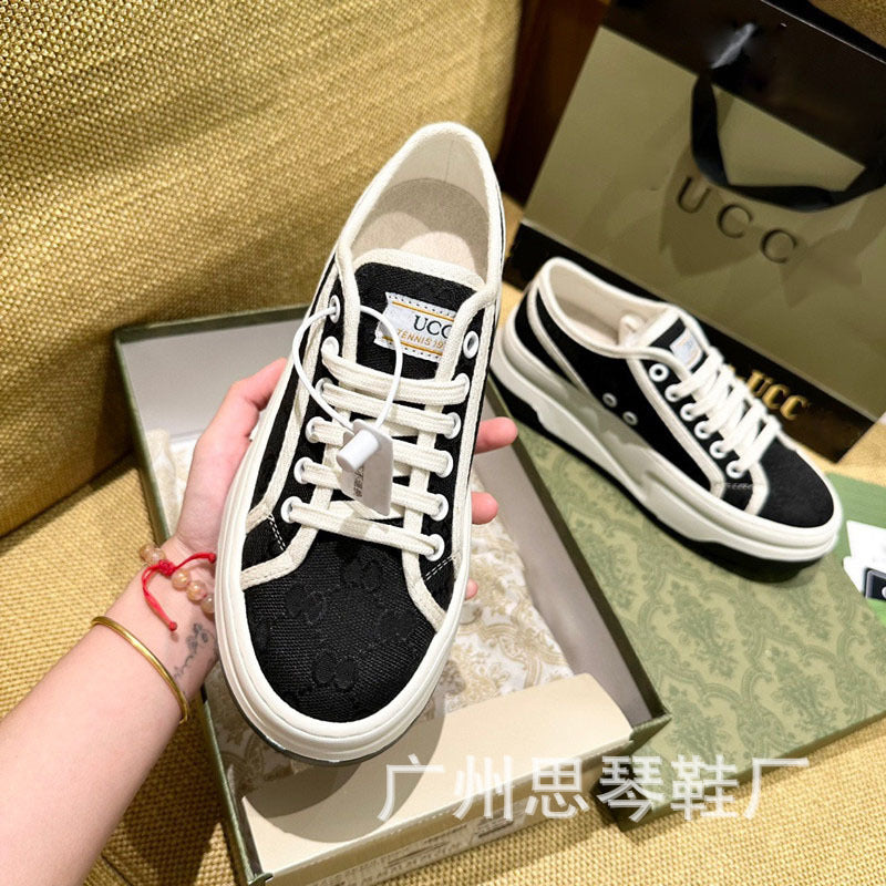 swvws 23 Summer New 1977 Platform Canvas Shoes Women's Vintage Embroidered Dad Shoes High-Low Top Lace-up Canvas Shoes Couple Style