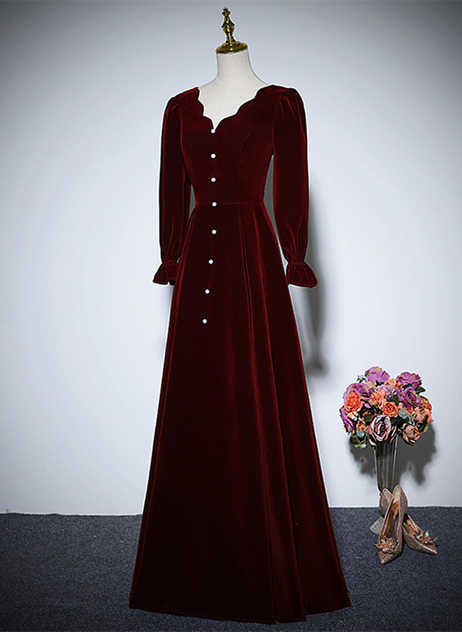 Tmallworld Wine Red Velvet Long Sleeves Wedding Party Dress, A-line Velvet Prom Dress